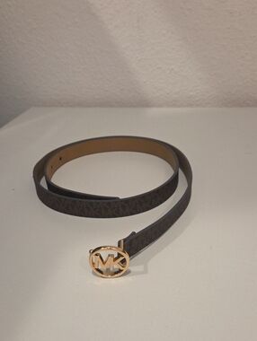 Michael Kors Dark Brown Logo Slim Belt with Gold MK Circle Buckle